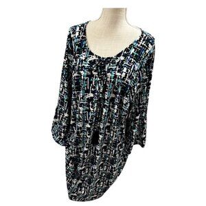 Avenue Women’s Plus Size 22/24 Abstract Print Dress with Bell Sleeves Blue Black